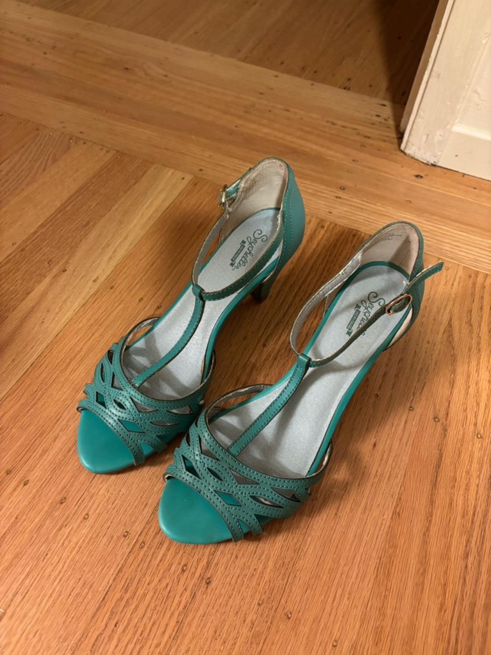 Teal T-Strap Peep-Toe Heels